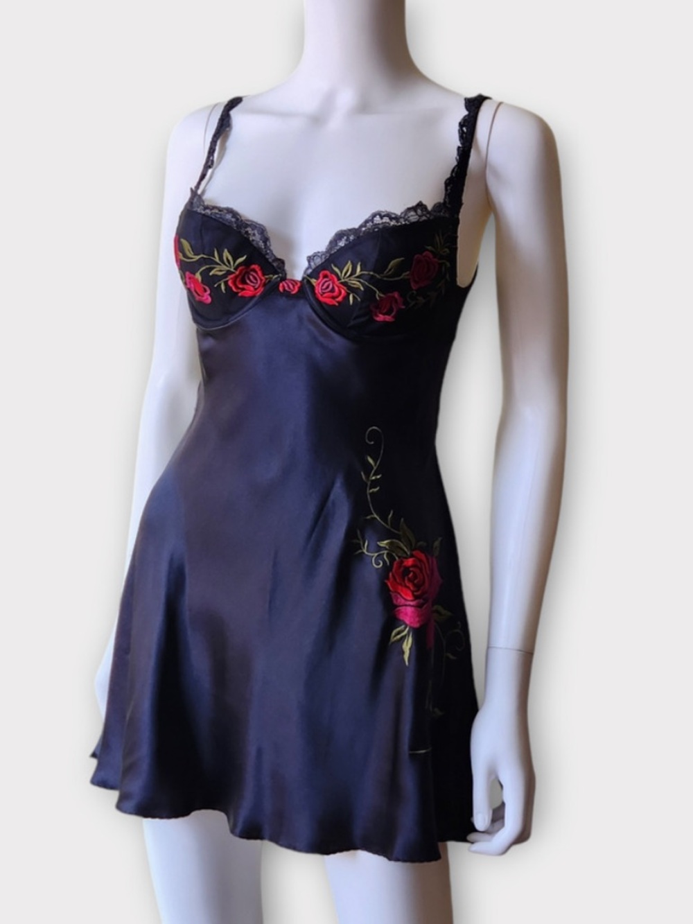 NEW Vintage Victoria's Secret Black Silk Chemise Rose Slip Mini Dress Y2K Sexy - Picture 4 of 17